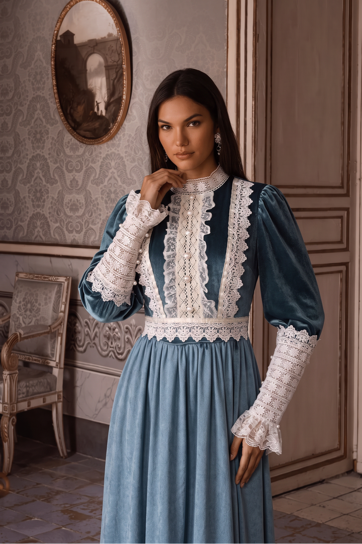 Gunne Sax Inspired Victorian Teal Velvet Dress with Blue Maxi Skirt White Lace High Neck Plus Size