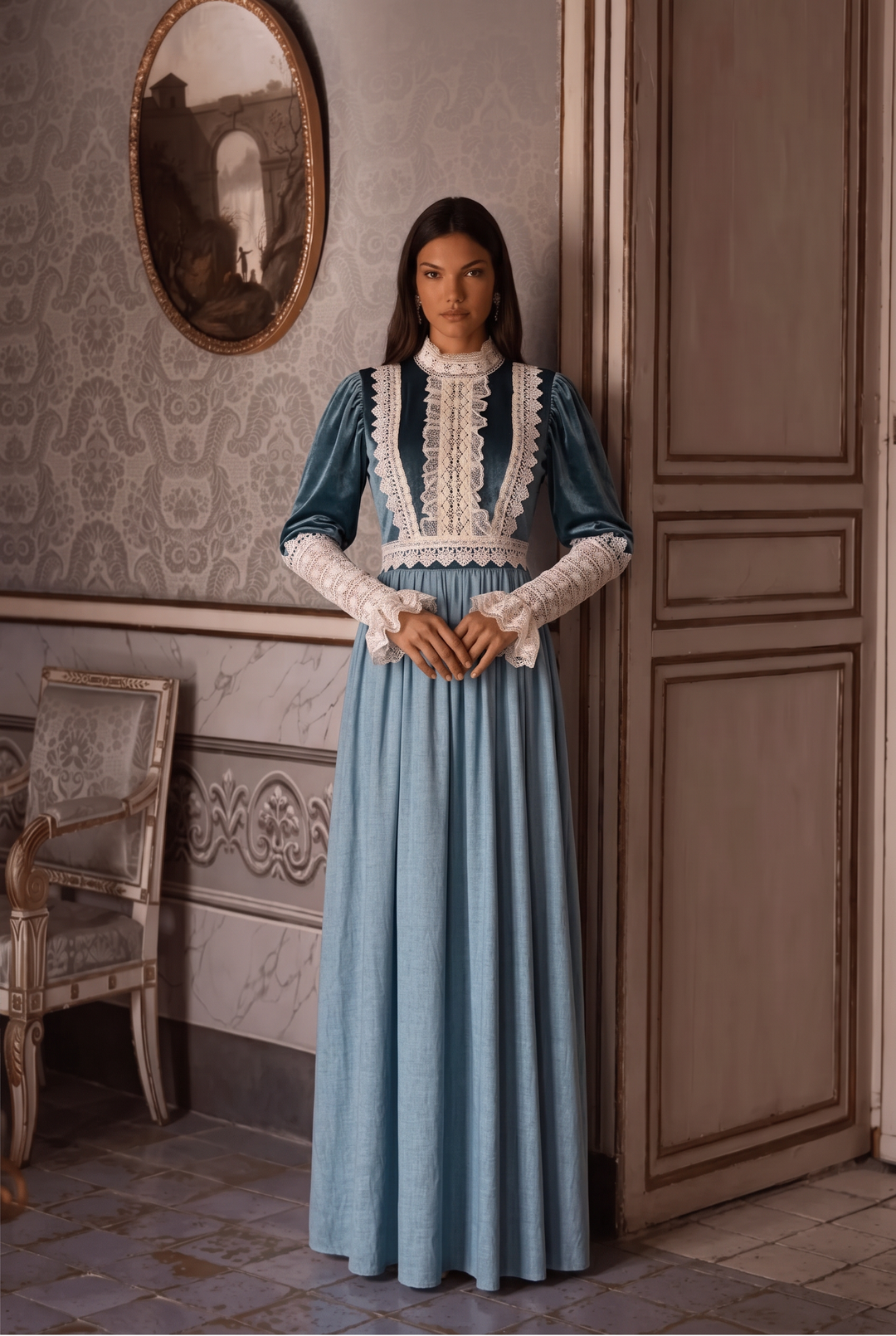 Gunne Sax Inspired Victorian Teal Velvet Dress with Blue Maxi Skirt White Lace High Neck Plus Size