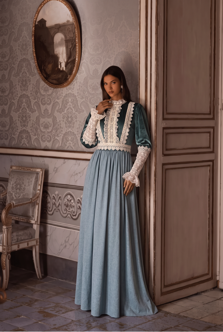 Gunne Sax Inspired Victorian Teal Velvet Dress with Blue Maxi Skirt White Lace High Neck Plus Size