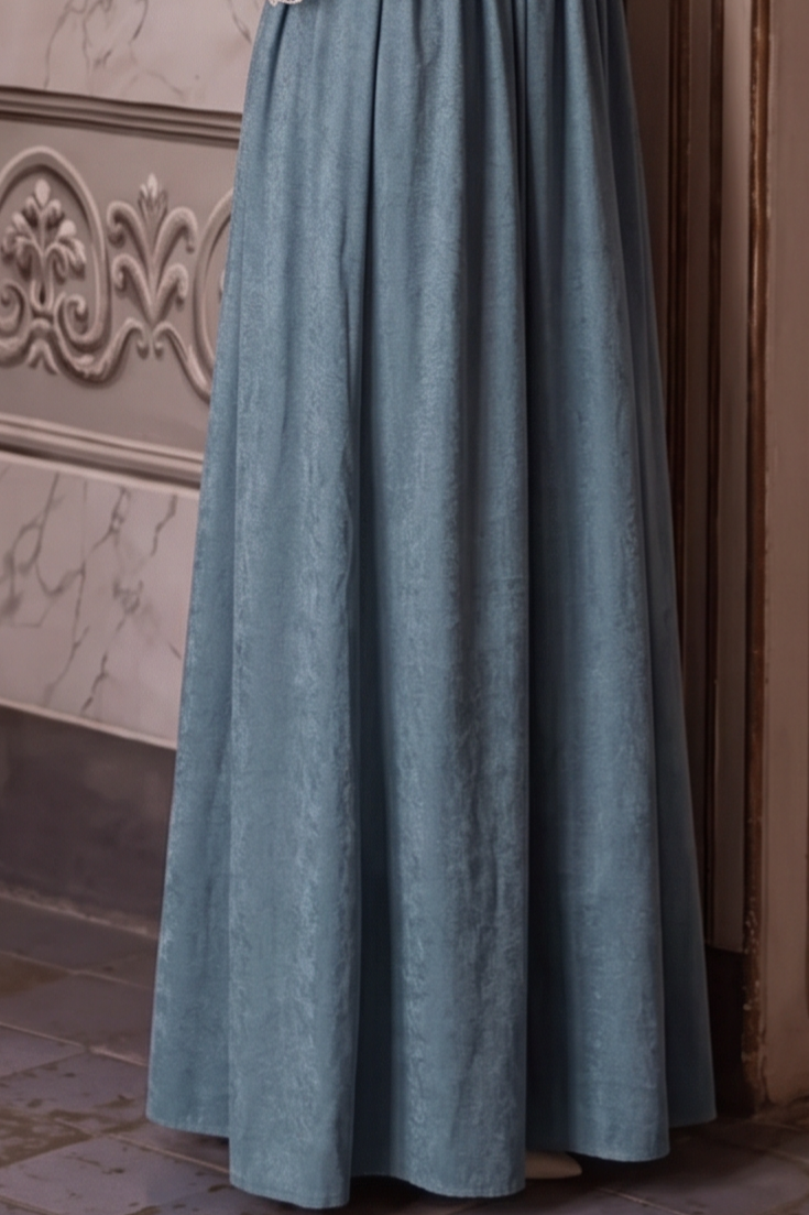 Gunne Sax Inspired Victorian Teal Velvet Dress with Blue Maxi Skirt White Lace High Neck Plus Size