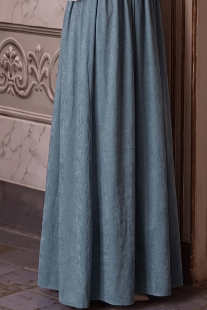 Gunne Sax Inspired Victorian Teal Velvet Dress with Blue Maxi Skirt White Lace High Neck Plus Size