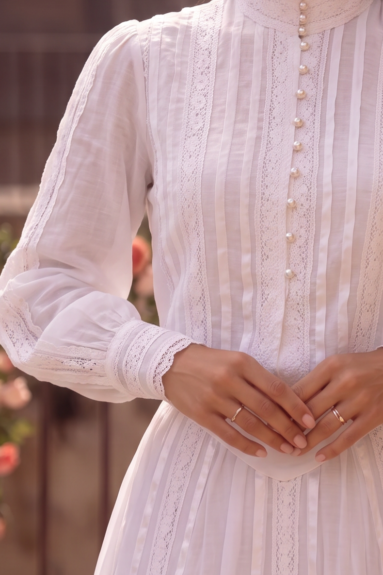 Gunne Sax Inspired Victorian White Lace Trim Maxi Dress with High Neck Long Sleeves Edwardian Bridal Gown Plus Size