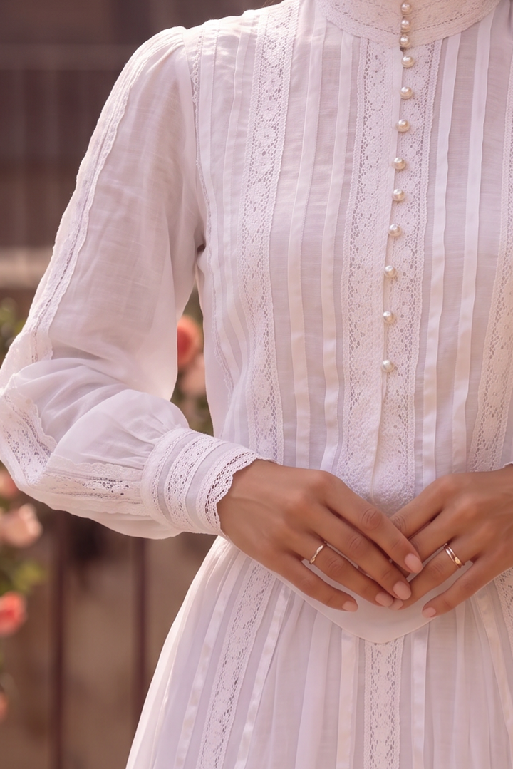 Gunne Sax Inspired Victorian White Lace Trim Maxi Dress with High Neck Long Sleeves Edwardian Bridal Gown Plus Size