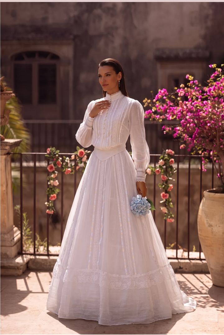 Gunne Sax Inspired Victorian White Lace Trim Maxi Dress with High Neck Long Sleeves Edwardian Bridal Gown Plus Size