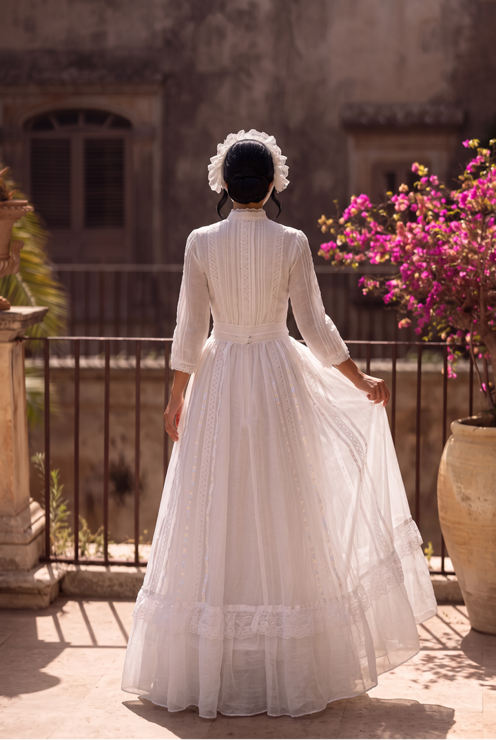 Gunne Sax Inspired Victorian White Lace Trim Maxi Dress with High Neck Long Sleeves Edwardian Bridal Gown Plus Size
