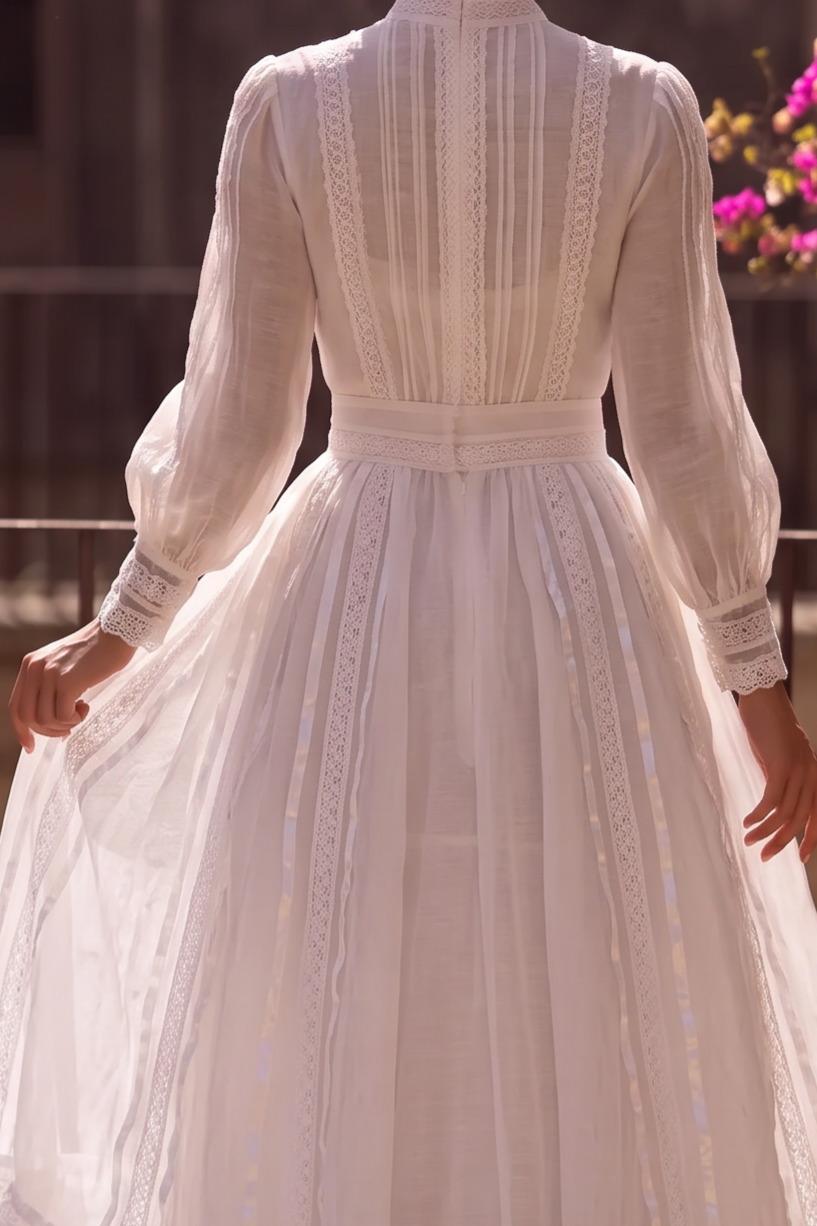 Gunne Sax Inspired Victorian White Lace Trim Maxi Dress with High Neck Long Sleeves Edwardian Bridal Gown Plus Size