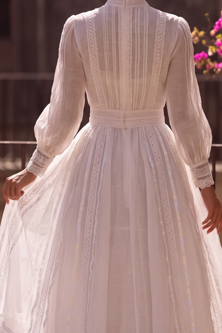 Gunne Sax Inspired Victorian White Lace Trim Maxi Dress with High Neck Long Sleeves Edwardian Bridal Gown Plus Size