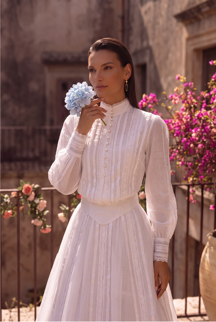 Gunne Sax Inspired Victorian White Lace Trim Maxi Dress with High Neck Long Sleeves Edwardian Bridal Gown Plus Size