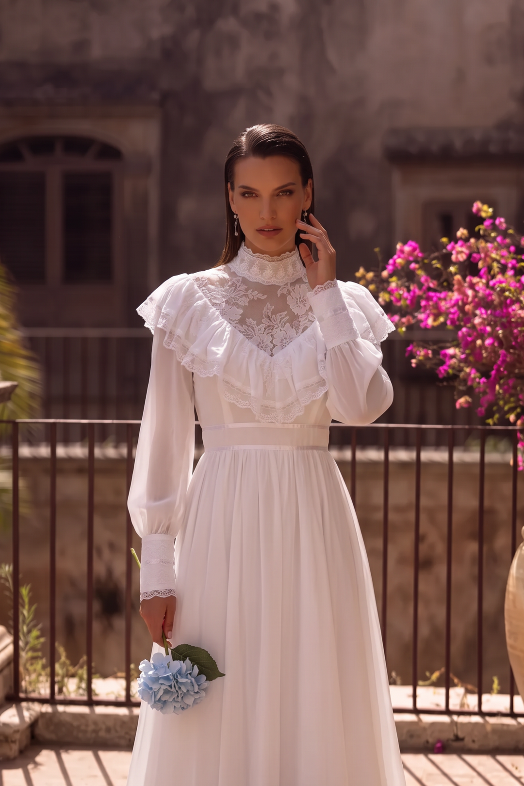 Gunne Sax Inspired Victorian White Maxi Dress with High Lace Neck Ruffle Collar Long Sleeves Plus Size