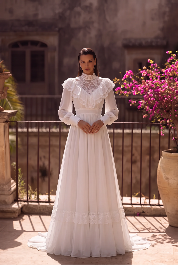 Gunne Sax Inspired Victorian White Maxi Dress with High Lace Neck Ruffle Collar Long Sleeves Plus Size