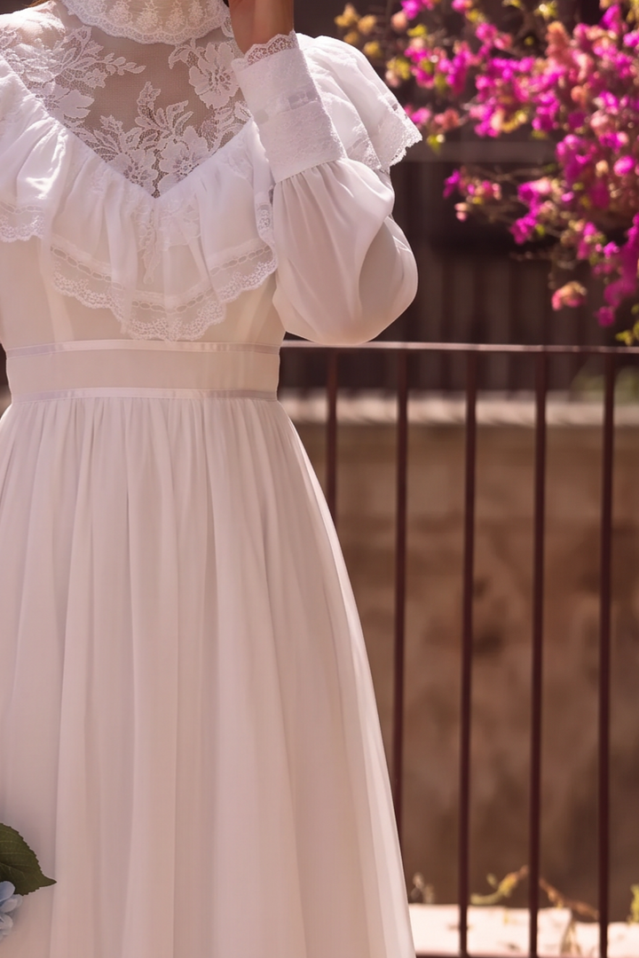 Gunne Sax Inspired Victorian White Maxi Dress with High Lace Neck Ruffle Collar Long Sleeves Plus Size
