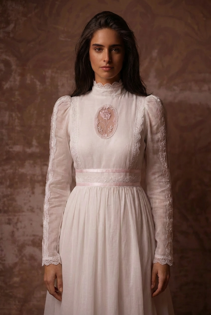 Modest Floral Lace Prom Dress - 1980s White Victorian Bridal Dress - Gunne Sax Inspired - Long Sleeve