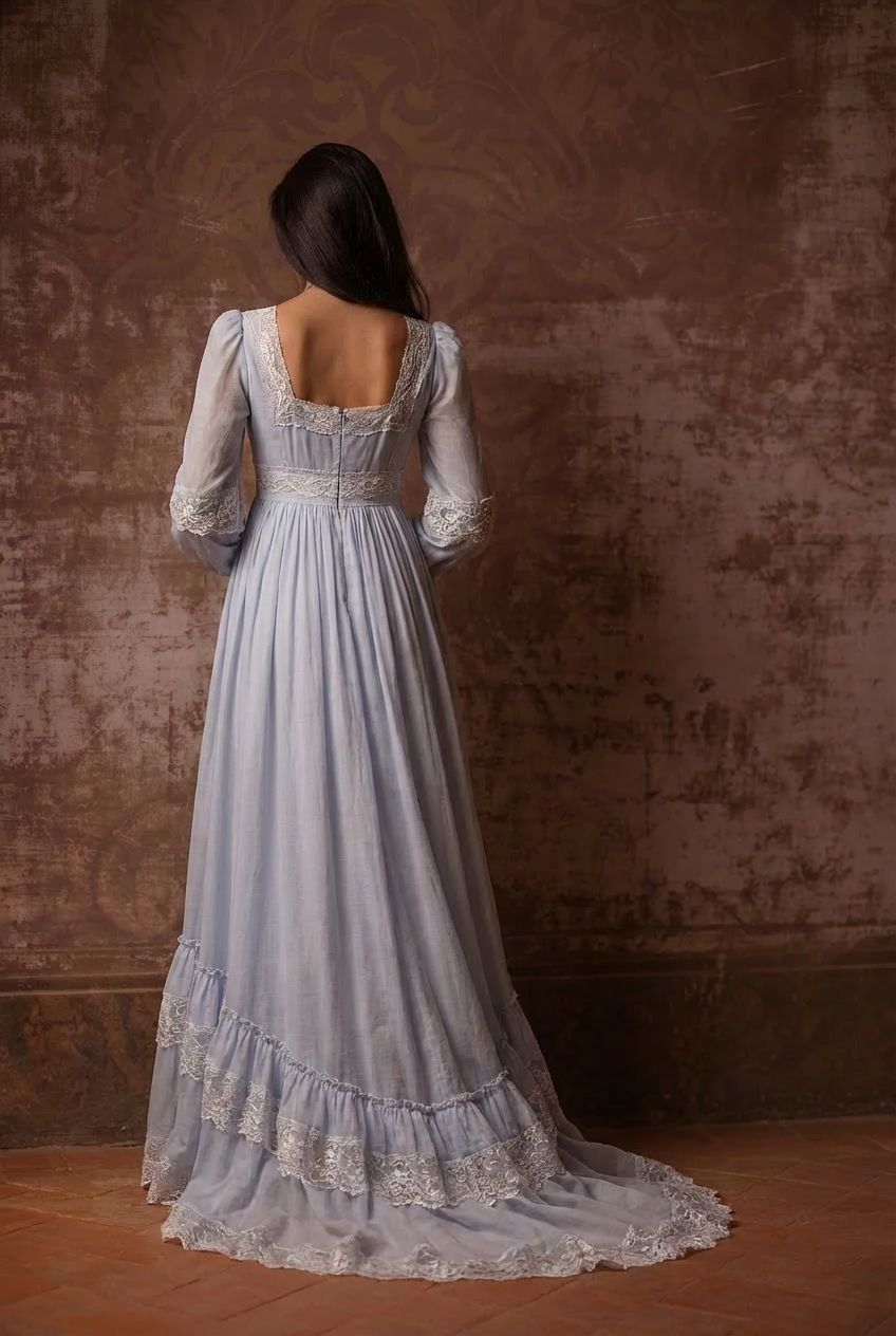 Gunne Sax Inspired Dress - Blue Embroidery Victorian Lace Day Dress - Plus Size
