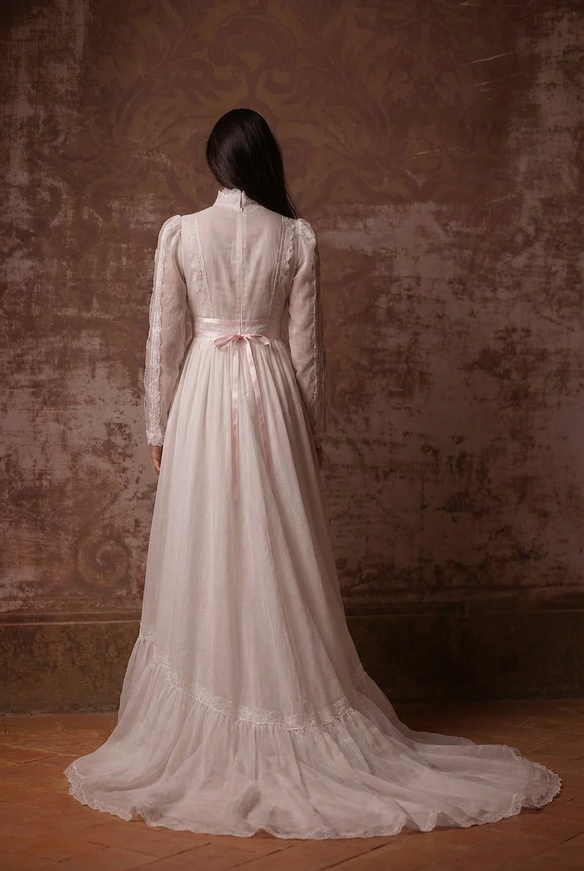 Modest Floral Lace Prom Dress - 1980s White Victorian Bridal Dress - Gunne Sax Inspired - Long Sleeve