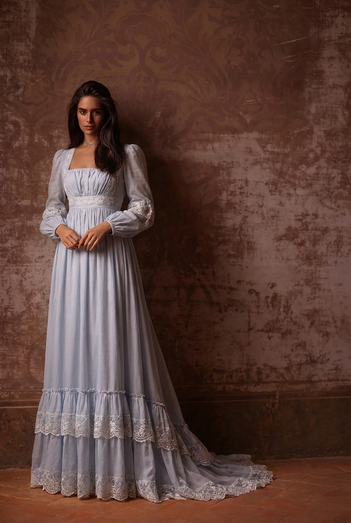 Gunne Sax Inspired Dress - Blue Embroidery Victorian Lace Day Dress - Plus Size