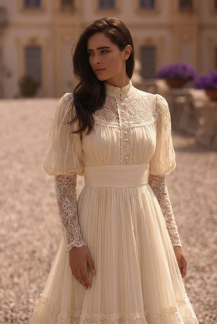 Gunne Sax Inspired Victorian Modest Lace Prom Dress  - Modest Yellow Lace Tea Dress Long Sleeve