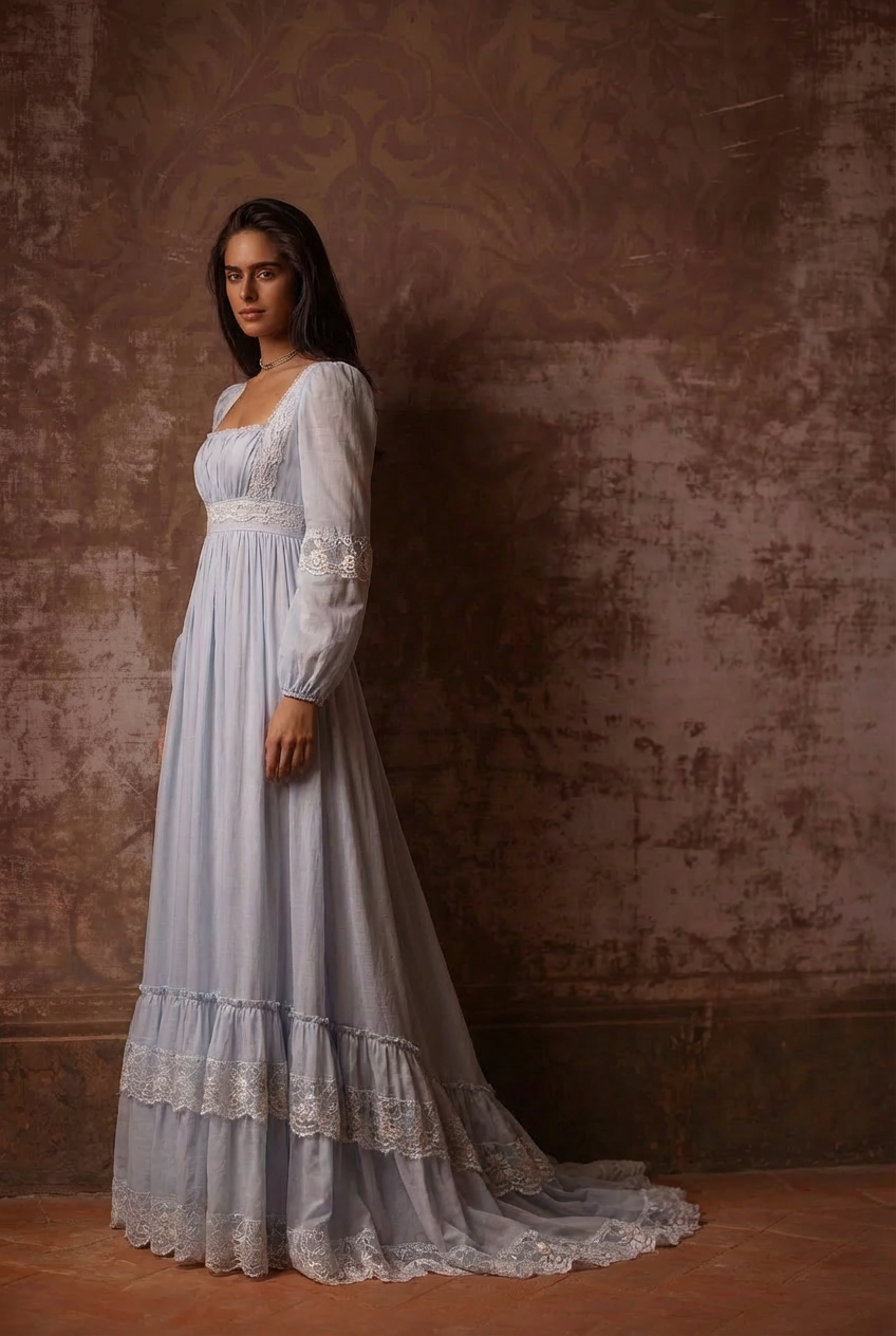 Gunne Sax Inspired Dress - Blue Embroidery Victorian Lace Day Dress - Plus Size