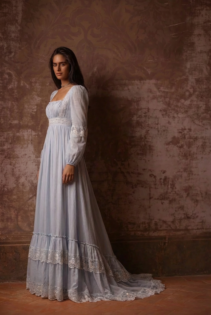 Gunne Sax Inspired Dress - Blue Embroidery Victorian Lace Day Dress - Plus Size