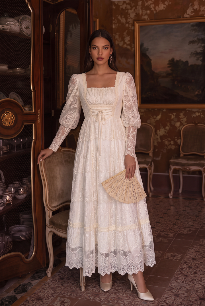 Gunne Sax Inspired Victorian Ivory Lace Maxi Dress with Square Neck Long Sleeves Tiered Skirt Plus Size