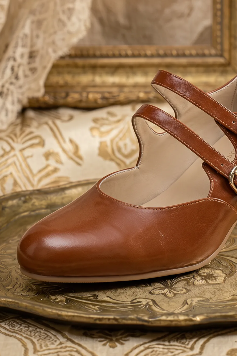 Handmade 1930s Inspired Double Strap Mary Jane Heels - Retro Brown Leather