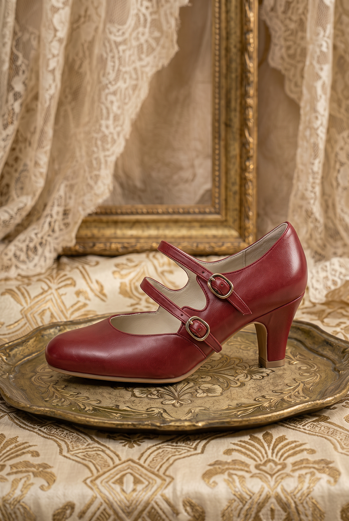 Handmade 1930s Inspired Double Strap Mary Jane Heels - Retro Brown Leather