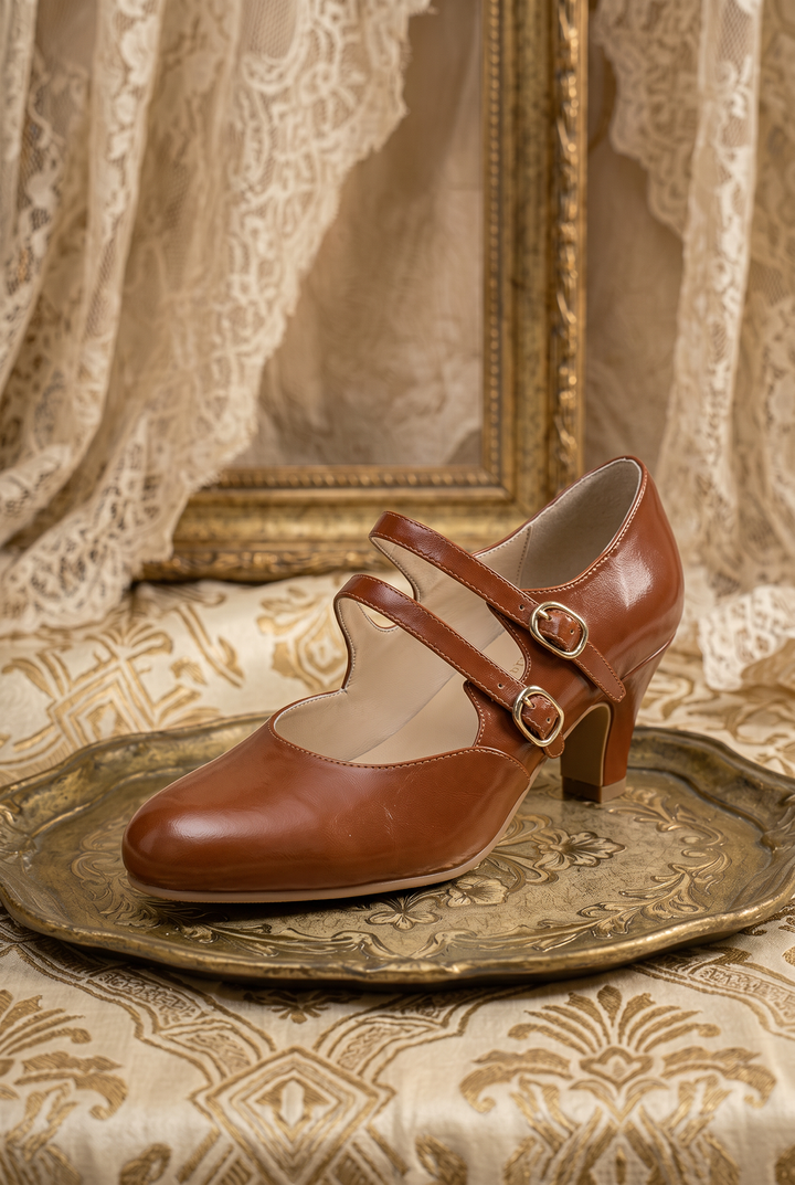 Handmade 1930s Inspired Double Strap Mary Jane Heels - Retro Brown Leather
