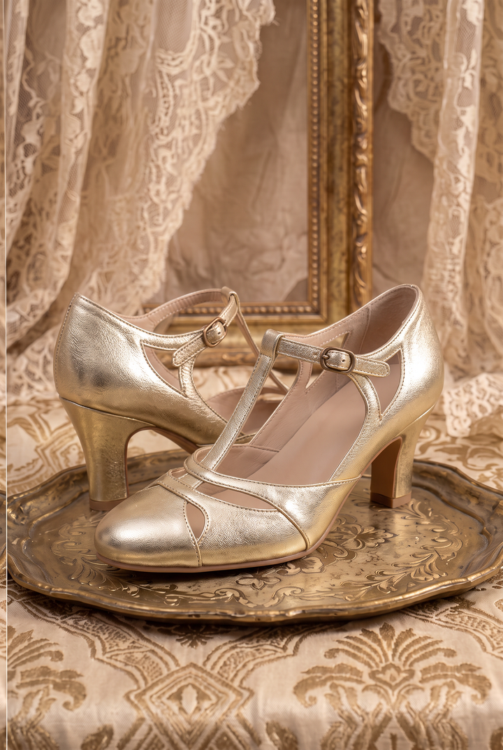 Handmade 1930s Inspired T-Strap Leather Heels - Gold Vintage Style