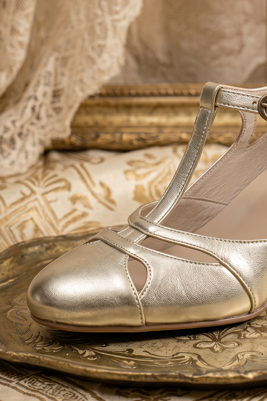 Handmade 1930s Inspired T-Strap Leather Heels - Gold Vintage Style