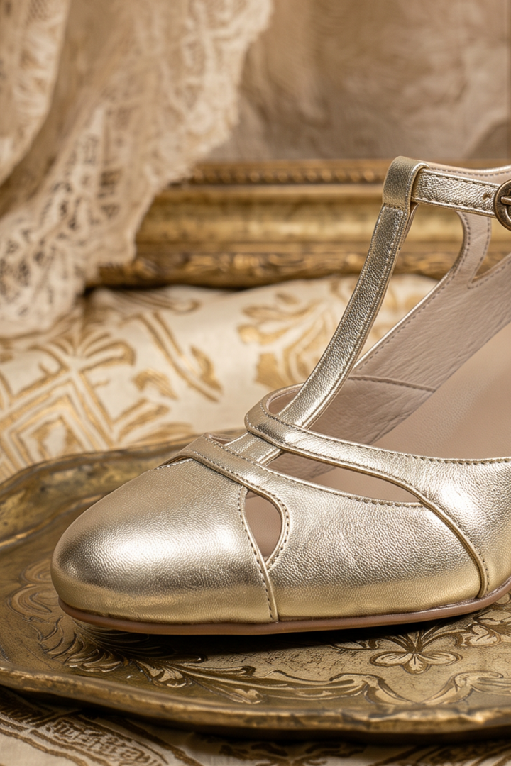 Handmade 1930s Inspired T-Strap Leather Heels - Gold Vintage Style