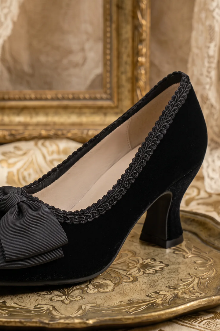 Handmade Gothic Black Silk Velvet Bow Heels with Lambskin Insole