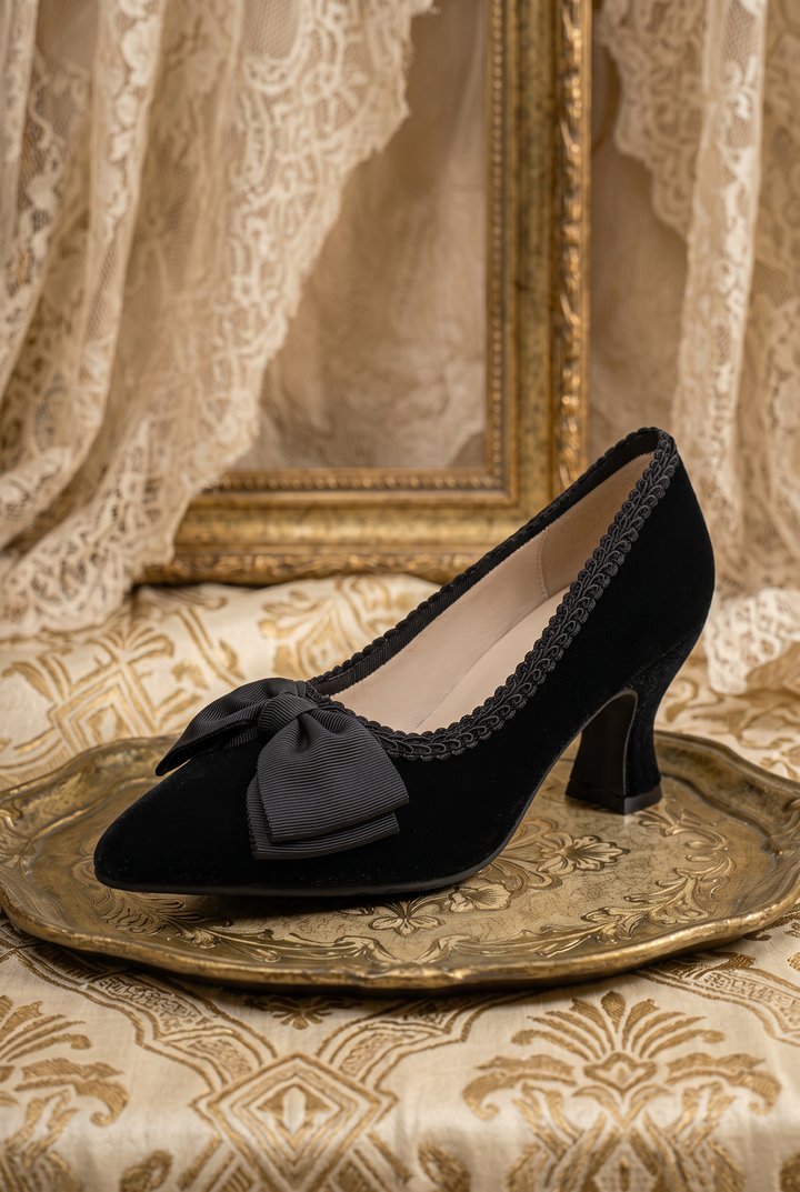 Handmade Gothic Black Silk Velvet Bow Heels with Lambskin Insole