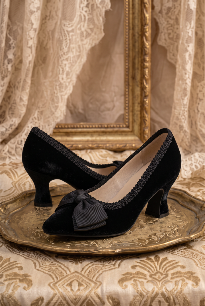 Handmade Gothic Black Silk Velvet Bow Heels with Lambskin Insole