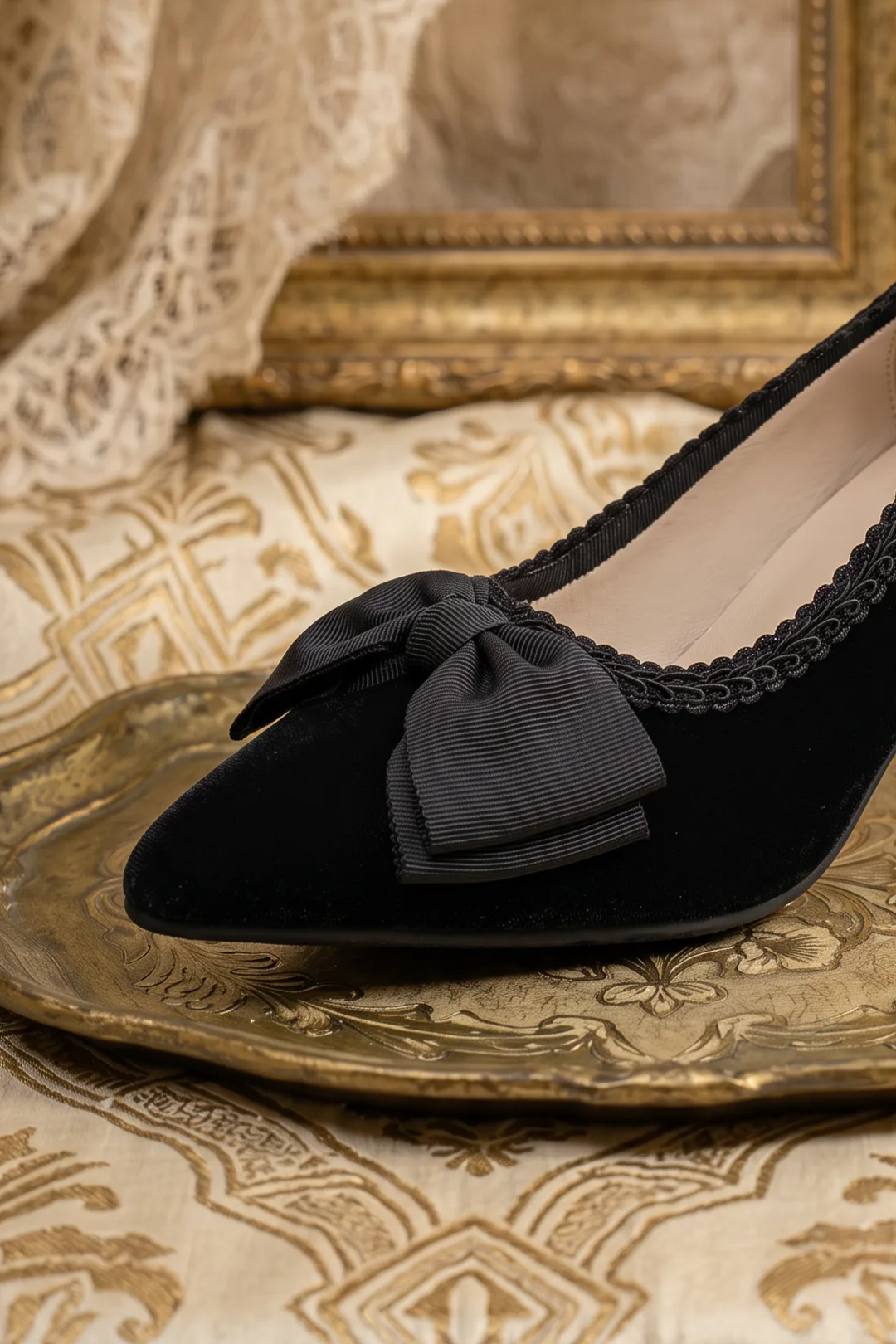 Handmade Gothic Black Silk Velvet Bow Heels with Lambskin Insole
