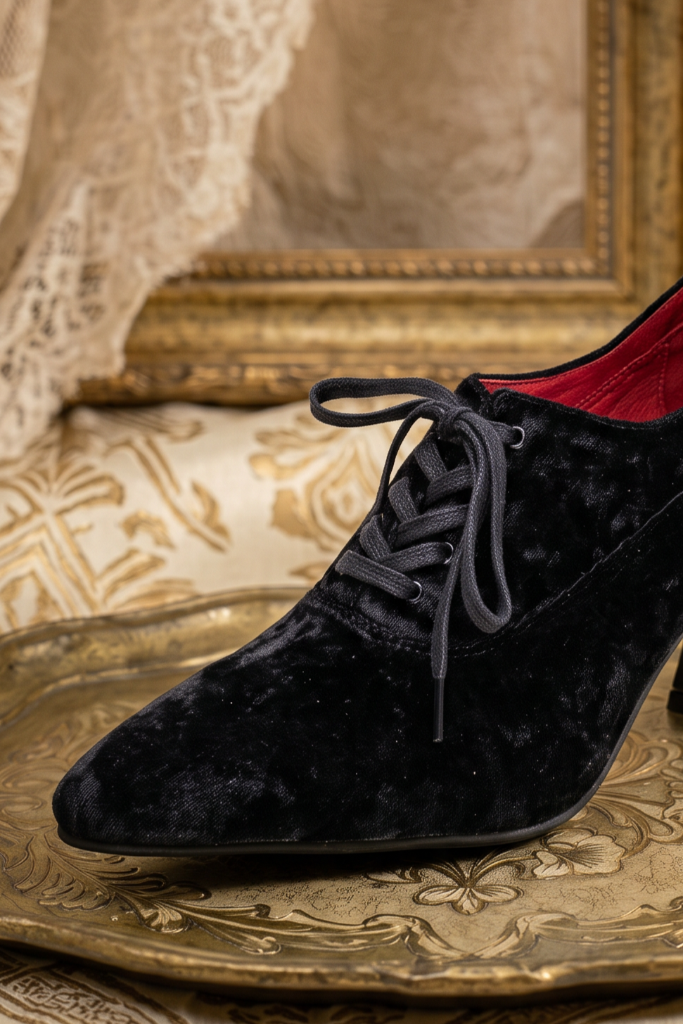 Handmade Gothic Black Velvet Cowhide Leather Lace-Up Heels