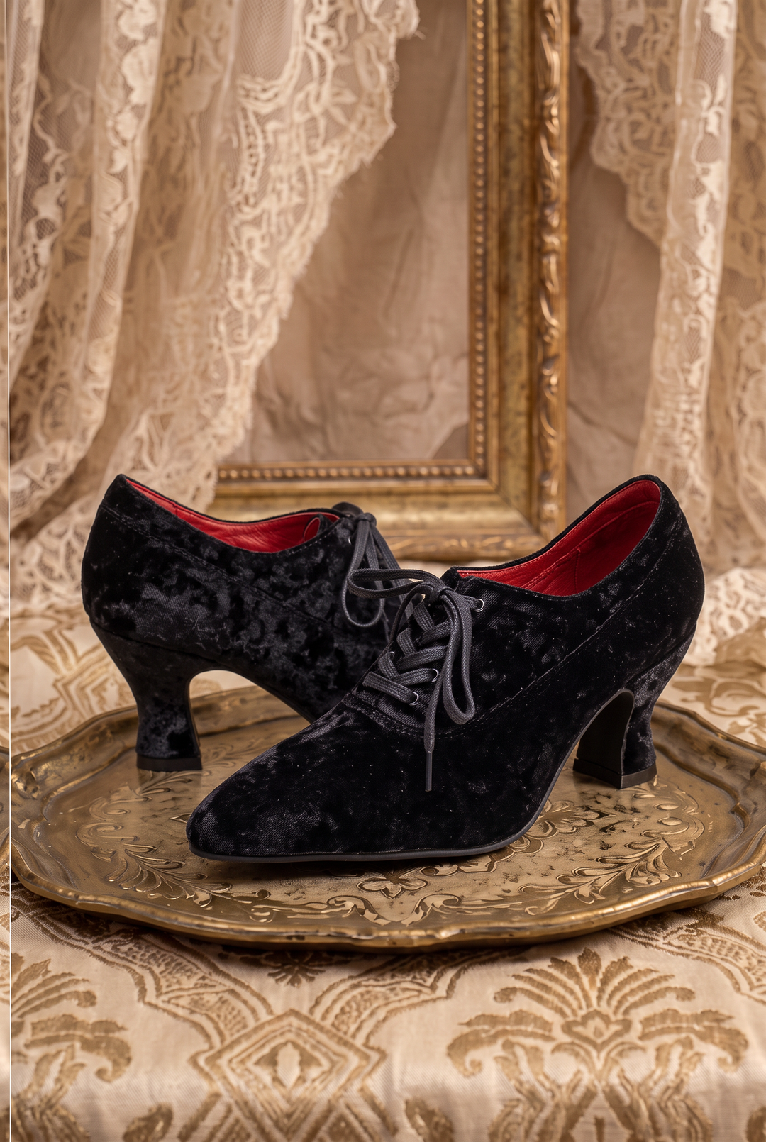 Handmade Gothic Black Velvet Cowhide Leather Lace-Up Heels