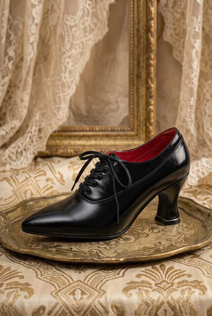 Handmade Gothic Black Velvet Cowhide Leather Lace-Up Heels