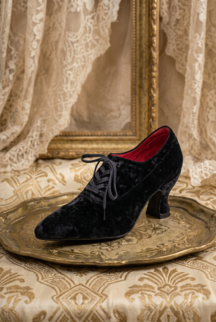 Handmade Gothic Black Velvet Cowhide Leather Lace-Up Heels