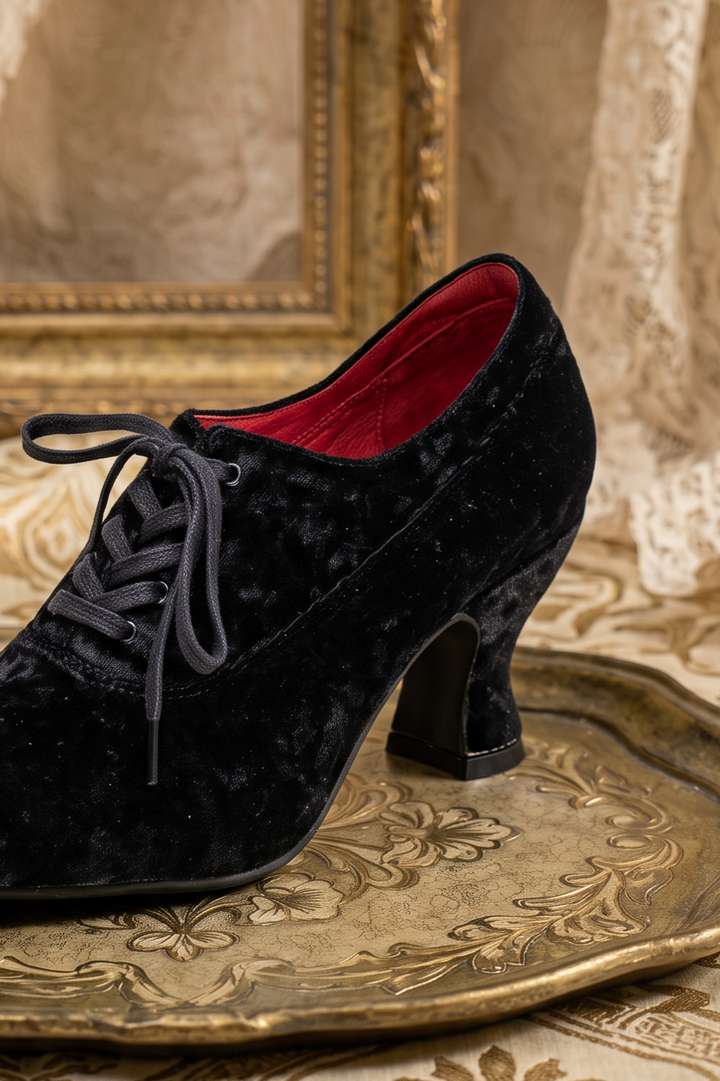 Handmade Gothic Black Velvet Cowhide Leather Lace-Up Heels