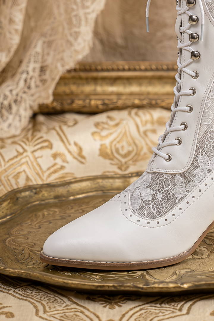Handmade Lace Victorian Boots - Delicate Floral &amp; Soft Sheepskin Design