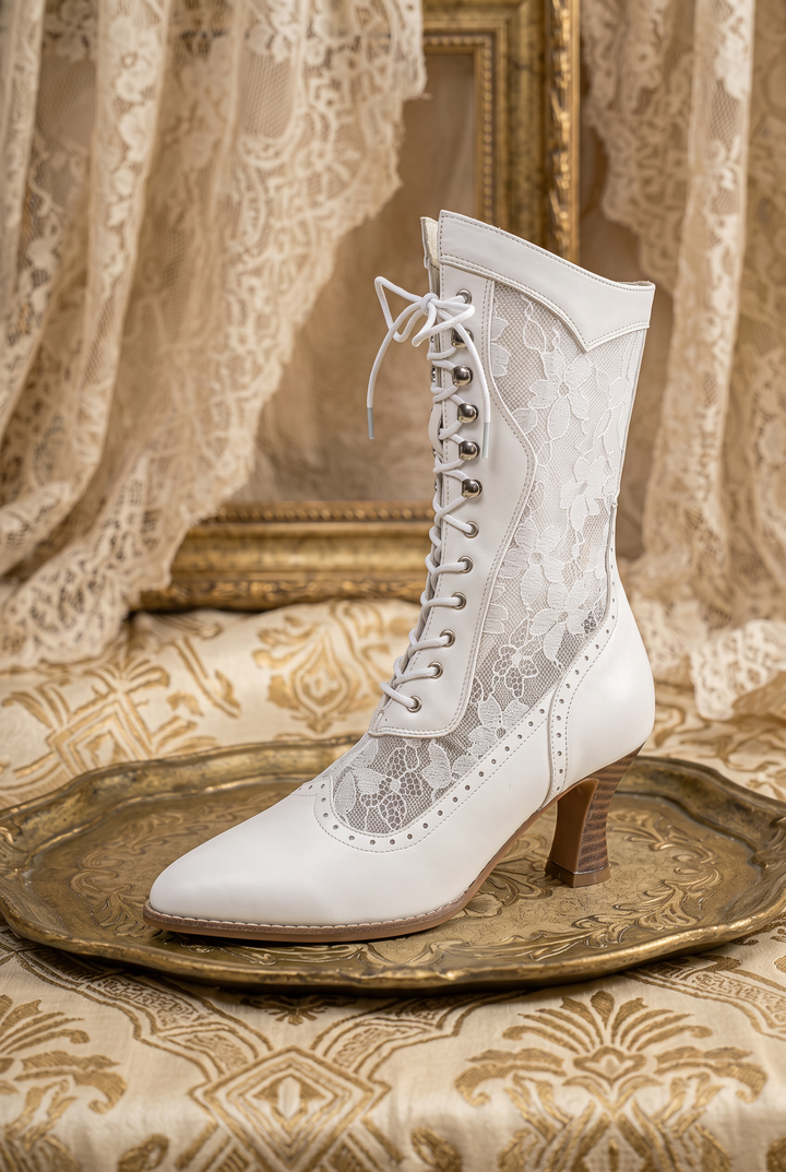 Handmade Lace Victorian Boots - Delicate Floral &amp; Soft Sheepskin Design