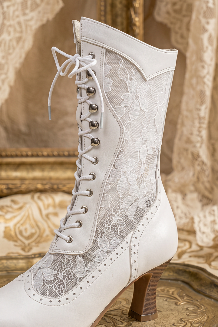 Handmade Lace Victorian Boots - Delicate Floral &amp; Soft Sheepskin Design