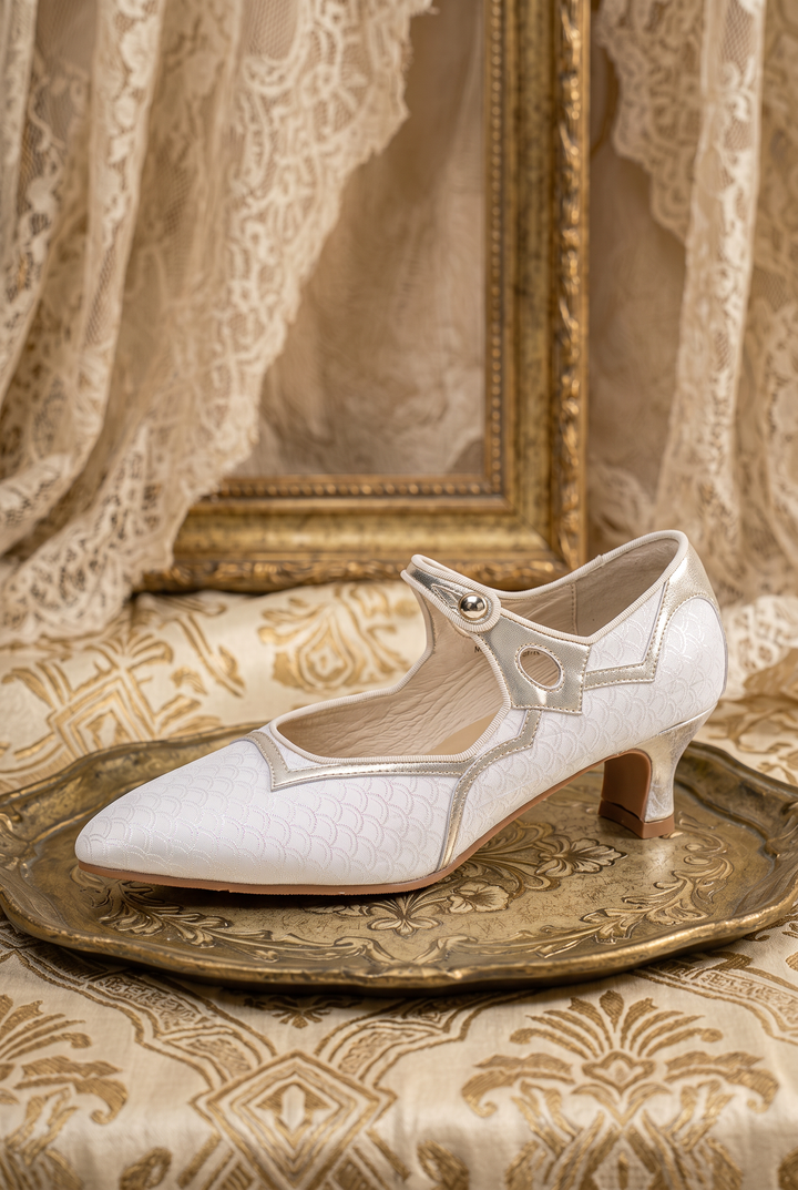 Handmade Regency Blue Brocade Mary Jane Heels with Lambskin Insole