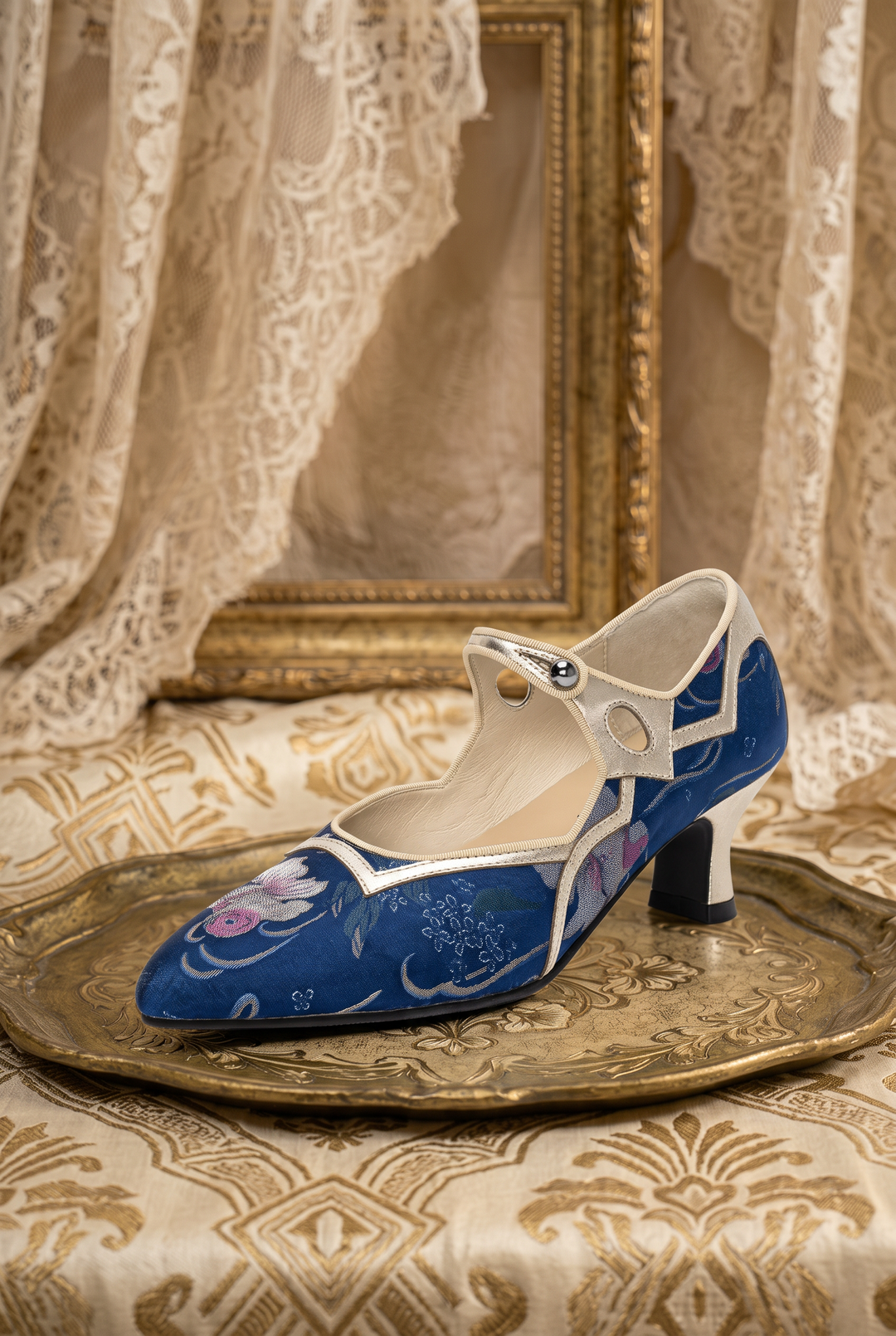 Handmade Regency Blue Brocade Mary Jane Heels with Lambskin Insole