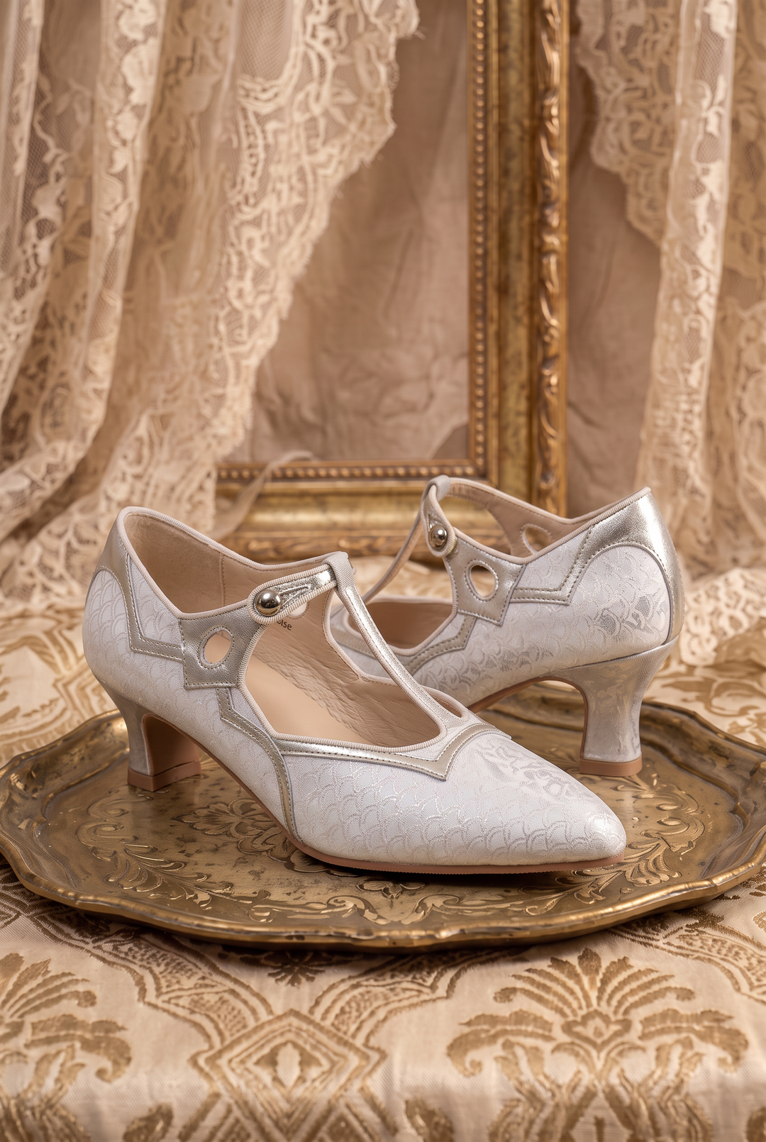Handmade Regency Blue Brocade Mary Jane Heels with Lambskin Insole