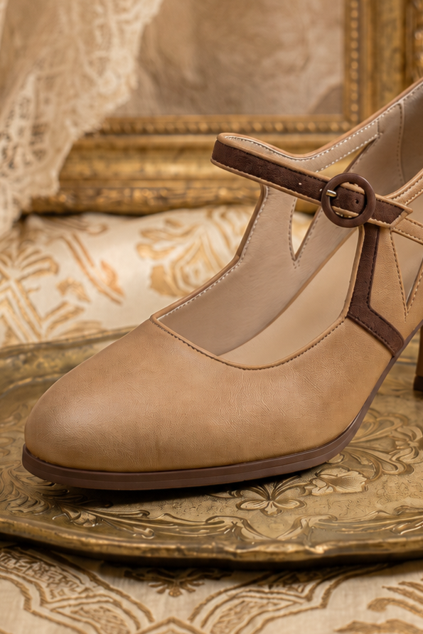 Handmade Retro T-Strap Art Deco Heels - Two-Tone Leather