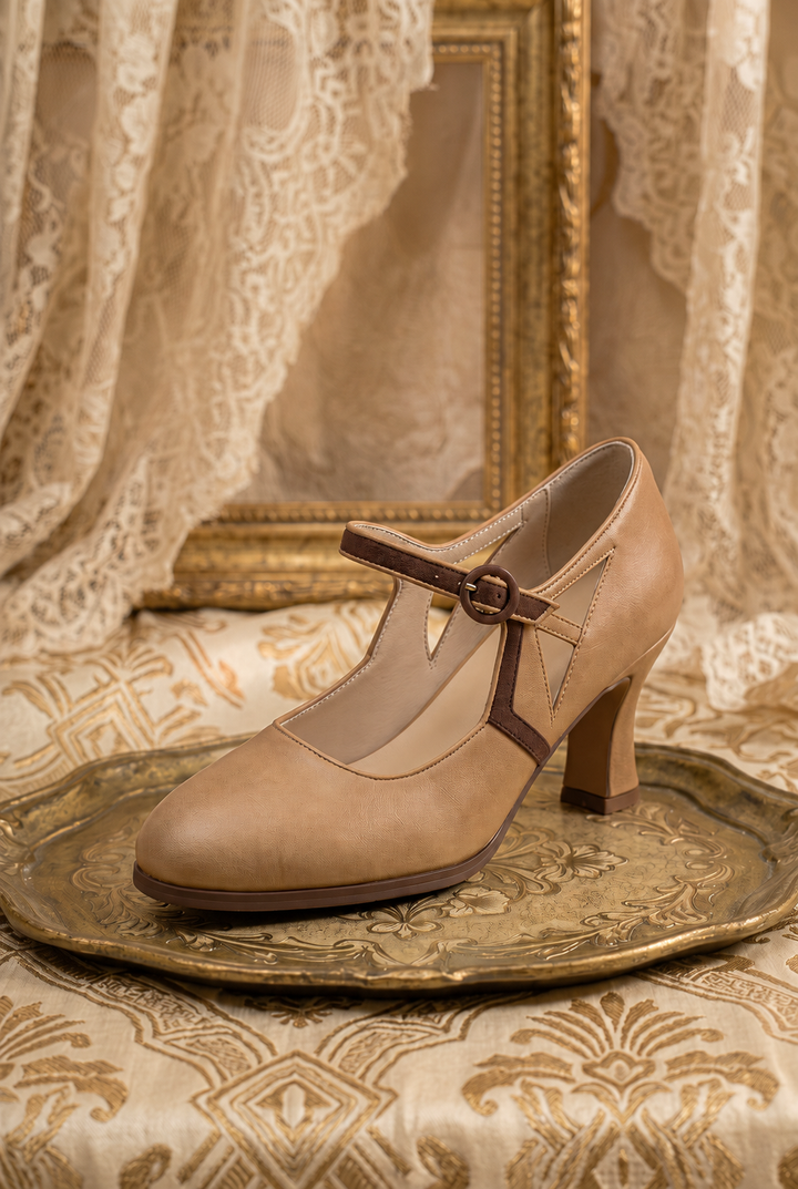 Handmade Retro T-Strap Art Deco Heels - Two-Tone Leather