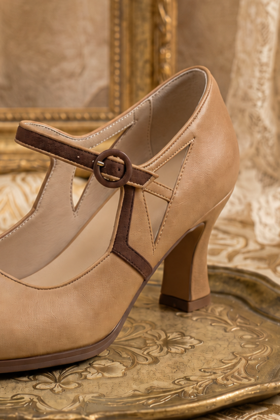 Handmade Retro T-Strap Art Deco Heels - Two-Tone Leather