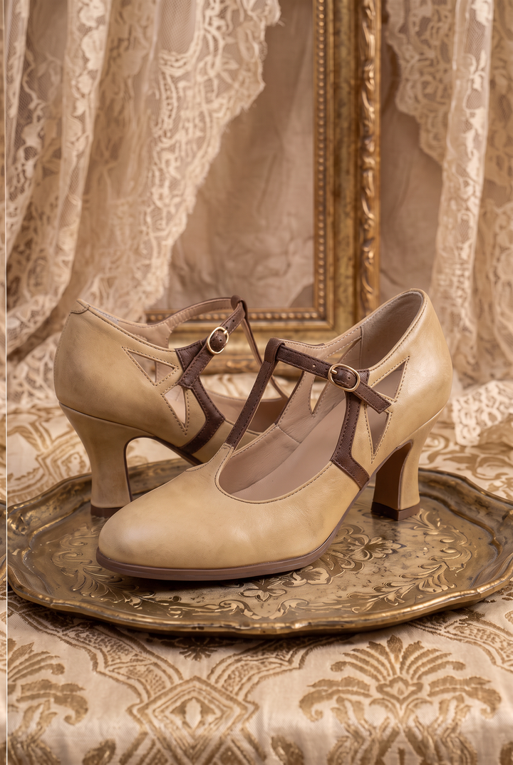Handmade Retro T-Strap Art Deco Heels - Two-Tone Leather
