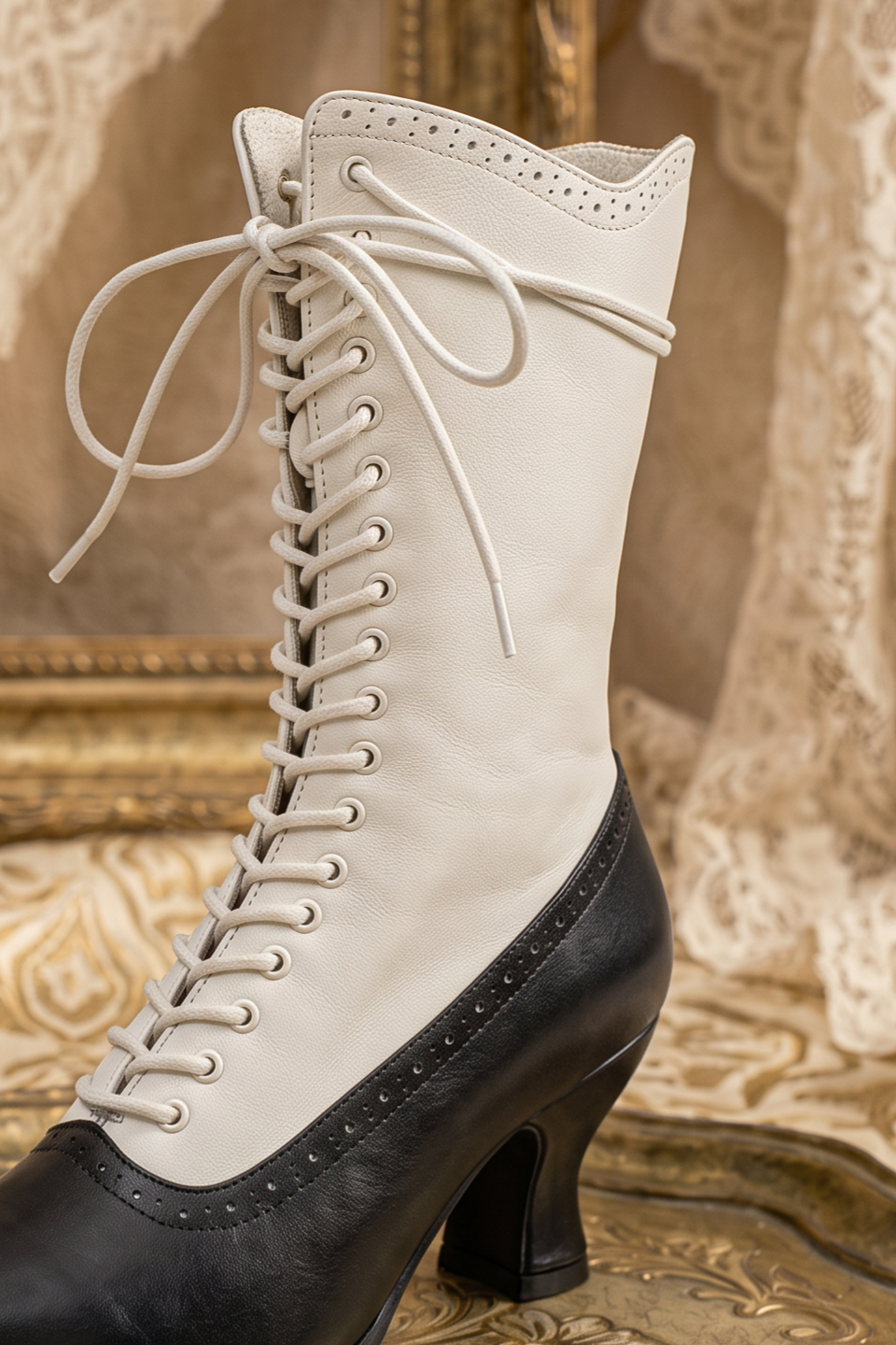 Handmade Victorian-Inspired Lace-Up Two-Tone Boots - Retro Ivory &amp; Black Leather