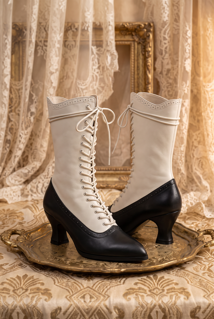Handmade Victorian-Inspired Lace-Up Two-Tone Boots - Retro Ivory &amp; Black Leather
